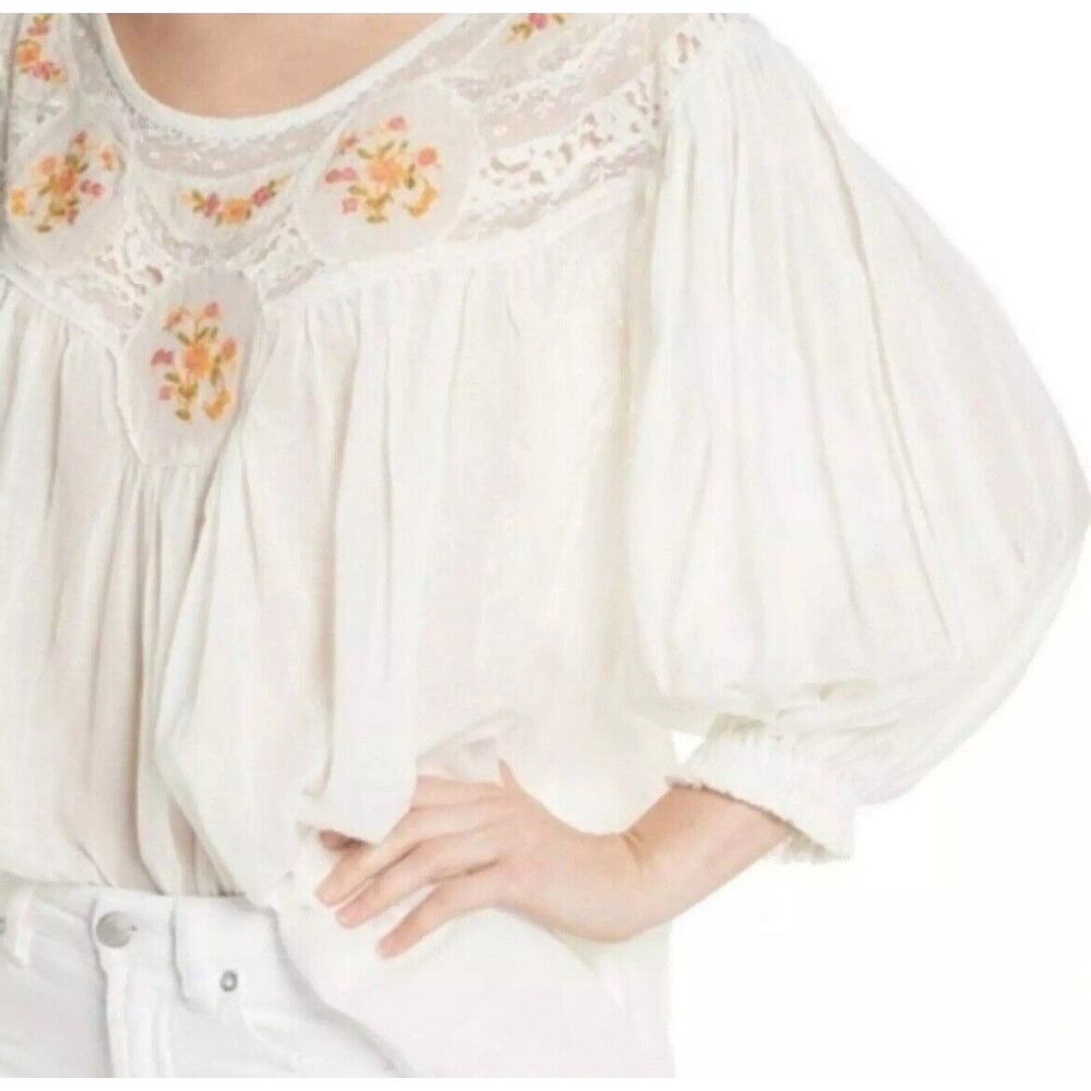 Free People Secret Garden Cotton Embroidered Lace Top Ivory Flowy Open Back XS